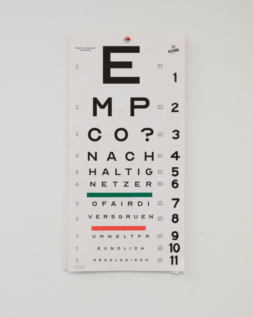 Ein Bild eines Sehtests wie beim Augenarzt, doch die Buchstaben sind "EmpCo? Nachhaltig Netzero Fair Divers Gruen"